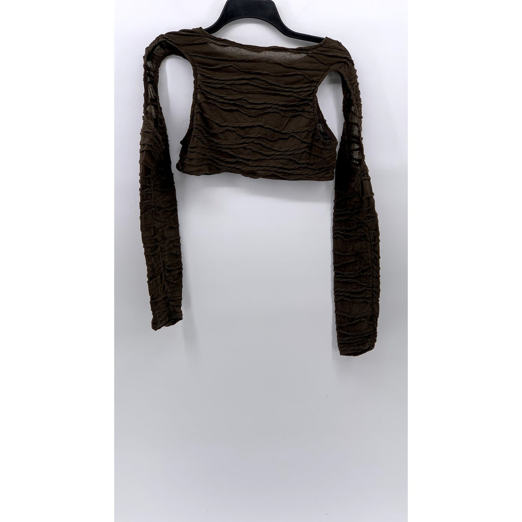 SHEIN Women's Brown Sheer Textured Long Sleeve Cutout Crewneck Crop Top SZ 8/10