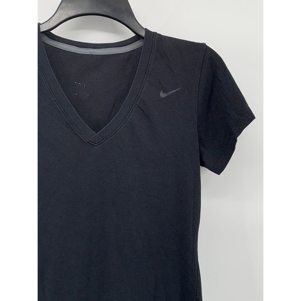 NIKE Women's Black-White V-Neck Swoosh Short Sleeve Active Top SZ S