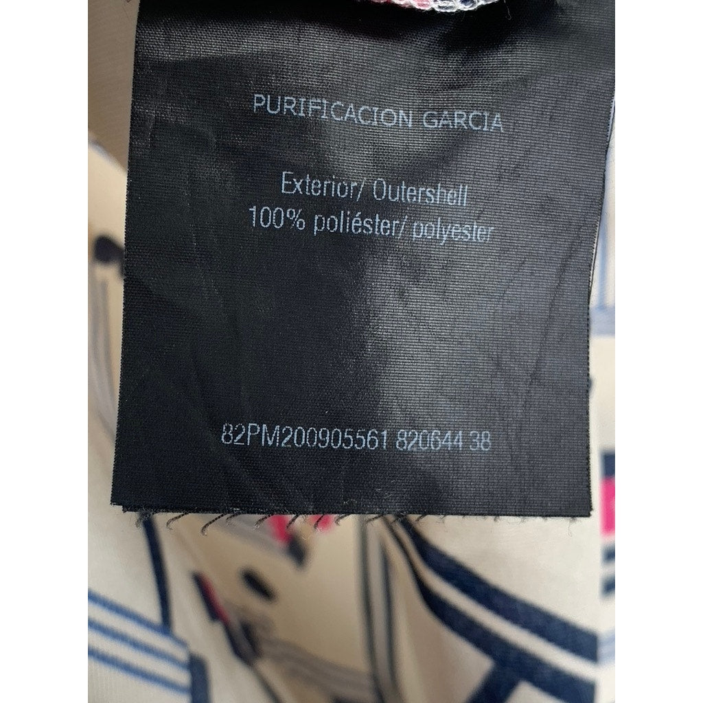 PURIFICACION GARCIA Women's Beige-Navy Printed Split-Neck Blouse SZ 38(US-S)