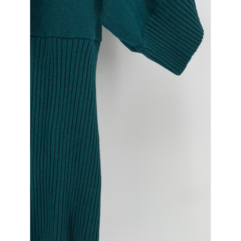 SPENSE Women's Dark Green Fold-Over Neck Short Sleeve Sweater Top SZ S