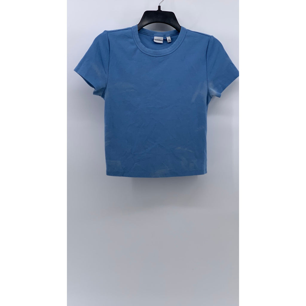 SUNDAY BEST Women's Blue Solid Crewneck Short Sleeve Casual Cropped Top SZ M