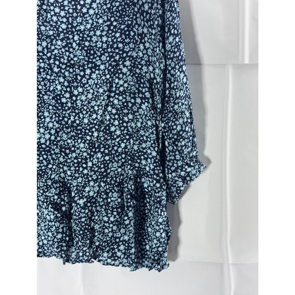 JIMMY KEY Women's Blue Floral V-Neck Surplice Ruffle 3/4 Sleeve Top SZ L