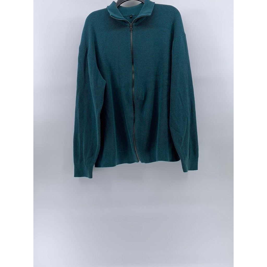 MUIJI Men's Blue-Green Ribbed Stand Collar Long Sleeve Zip-Up Cardigan SZ XL