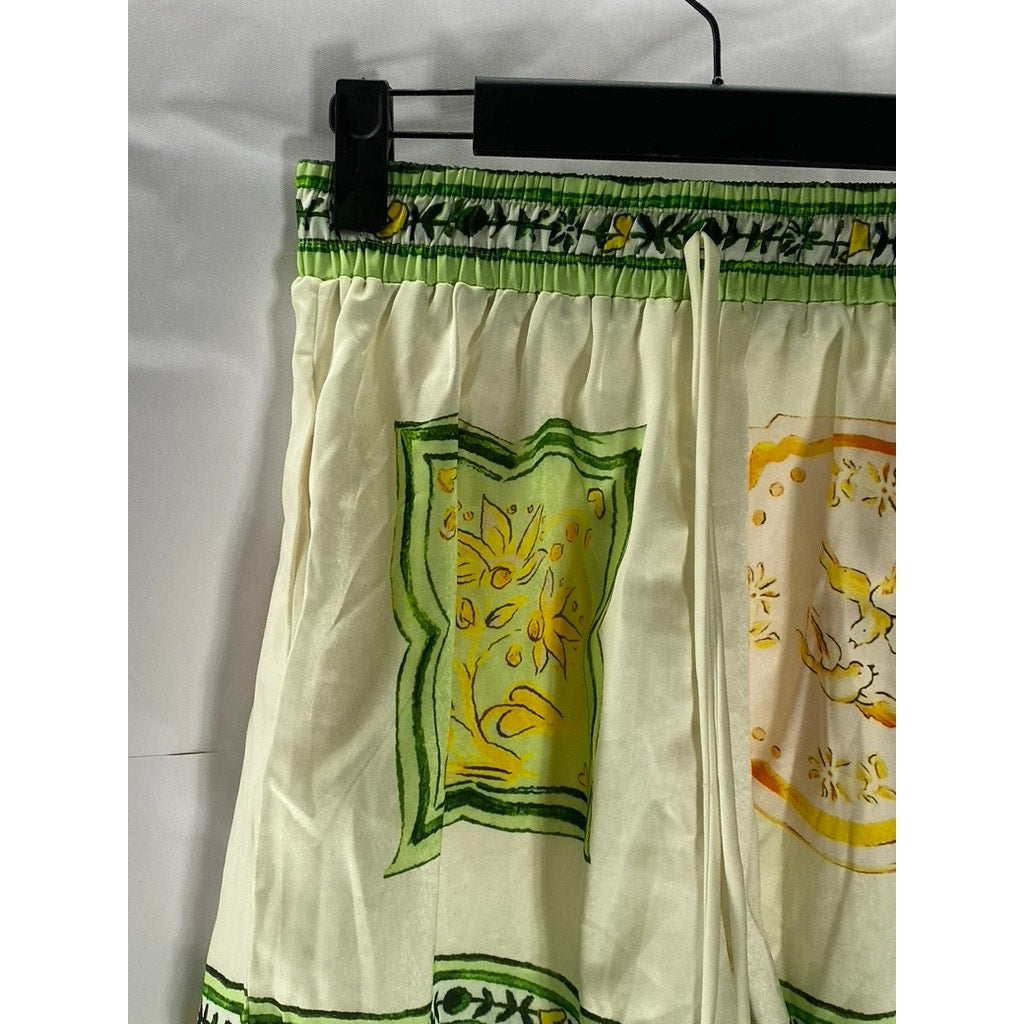 UNBRANDED Women's Green/Cream Print Drawstring Waist Pull-On Shorts SZ S