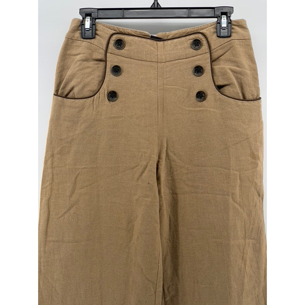 BROOKLYN INDUSTRIES Women's Tan Button-Detail Relaxed-Fit Wide-Leg Pants SZ 4