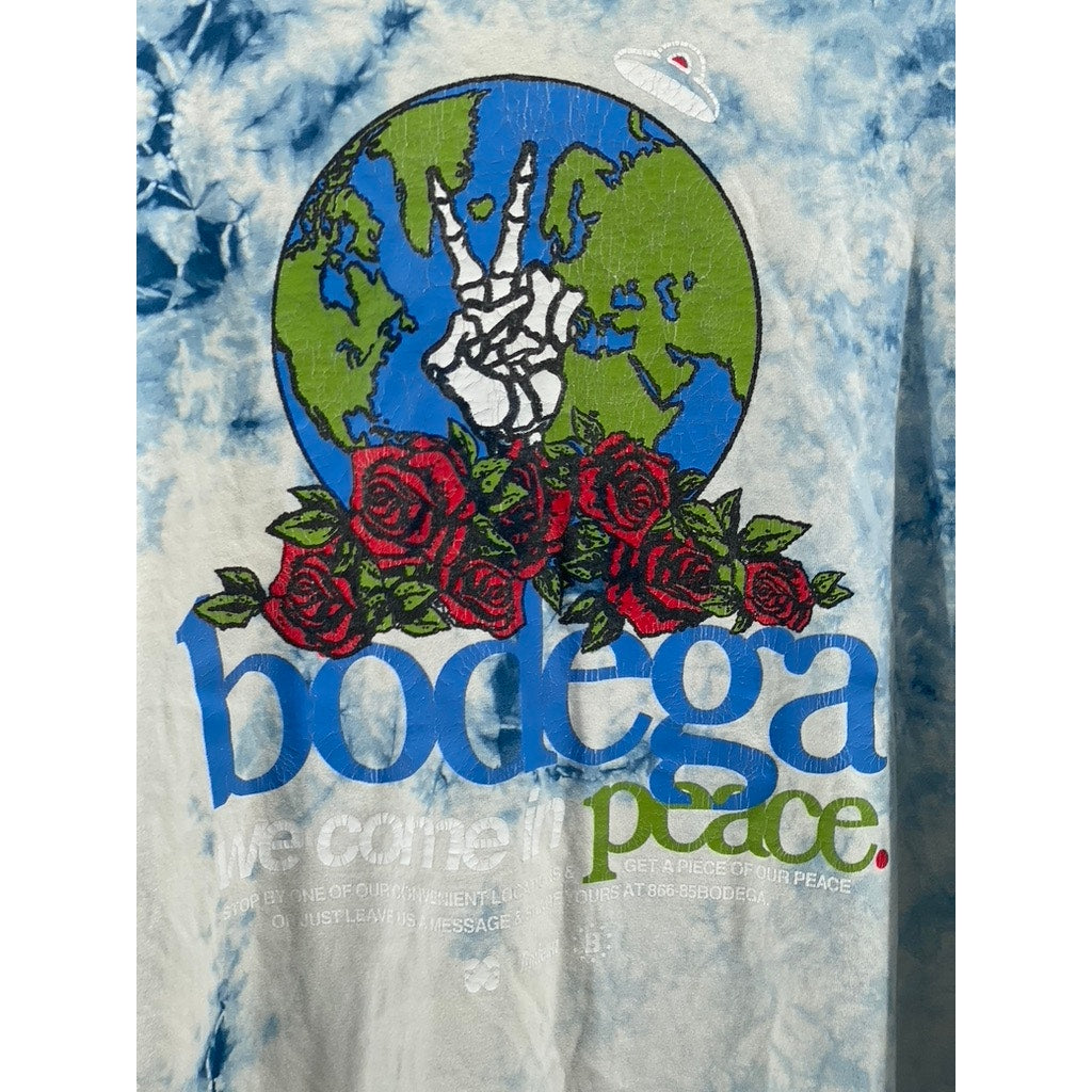 BODEGA Men's Blue-White Tie-Dye Graphic Logo Crewneck Long Sleeve T-Shirt SZ L