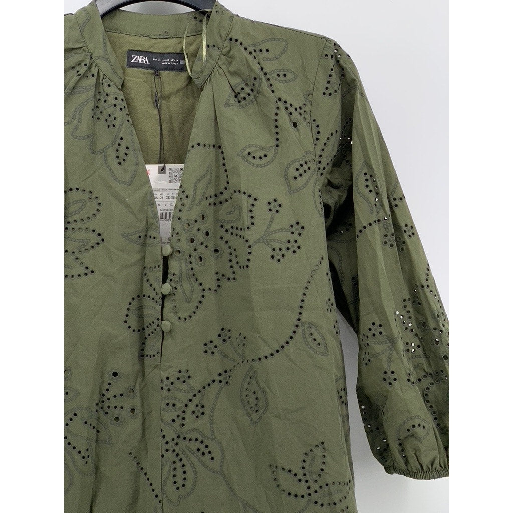 ZARA Women's Green Eyelet Cutout Embroidered Mini Dress SZ XS