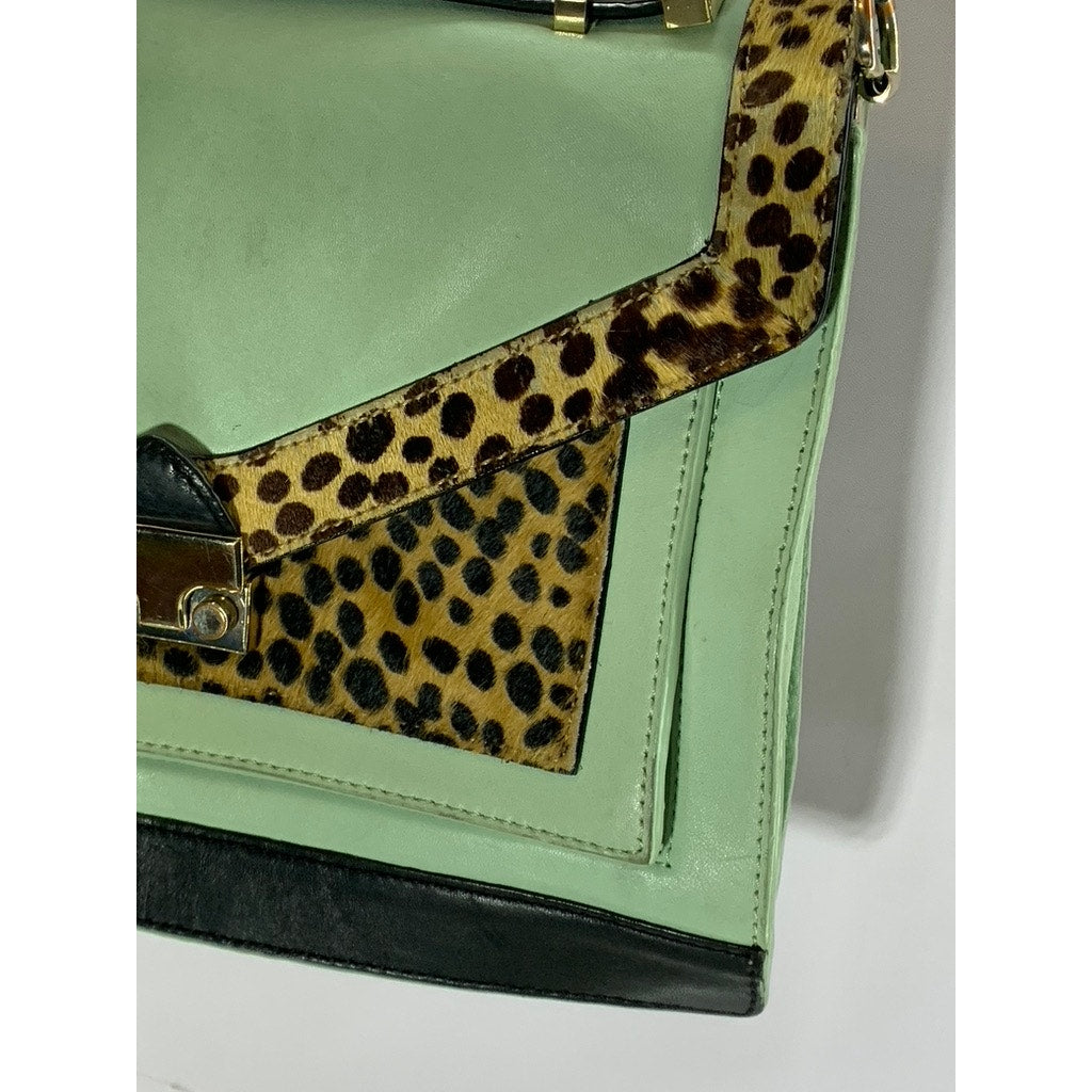 LEOFFLER RANDALL Women's Green/Animal Print Calf Hair Rider Satchel Bag