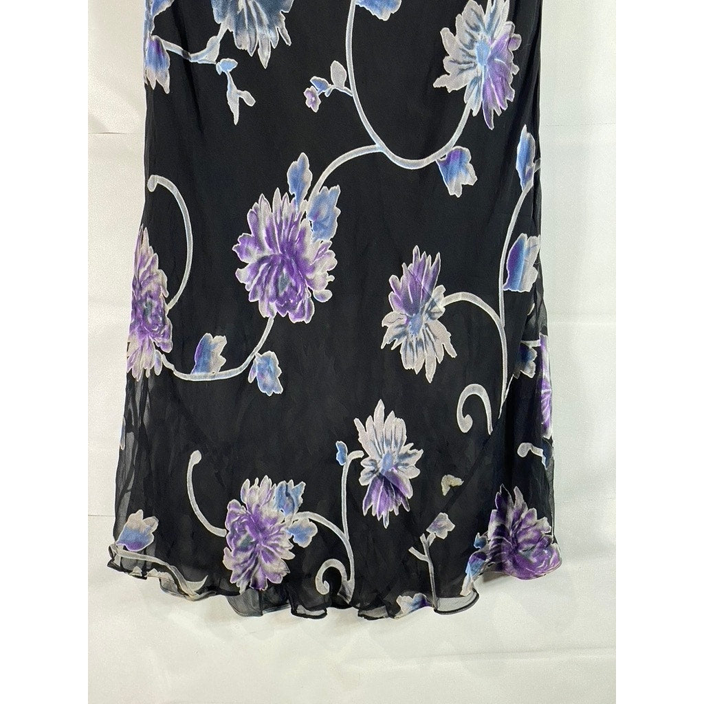 UNBRANDED Women's Black/Blue Floral Sheer V-Neck Sleeveless Midi Dress SZ S