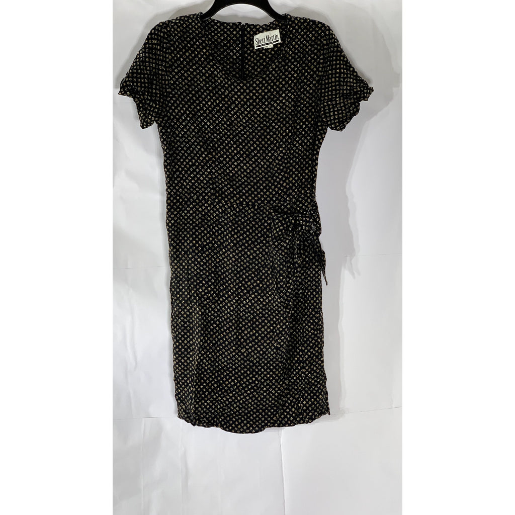 SHERI MARTIN Women's Black Printed Side-Tie Short Sleeve A-Line Dress SZ 12