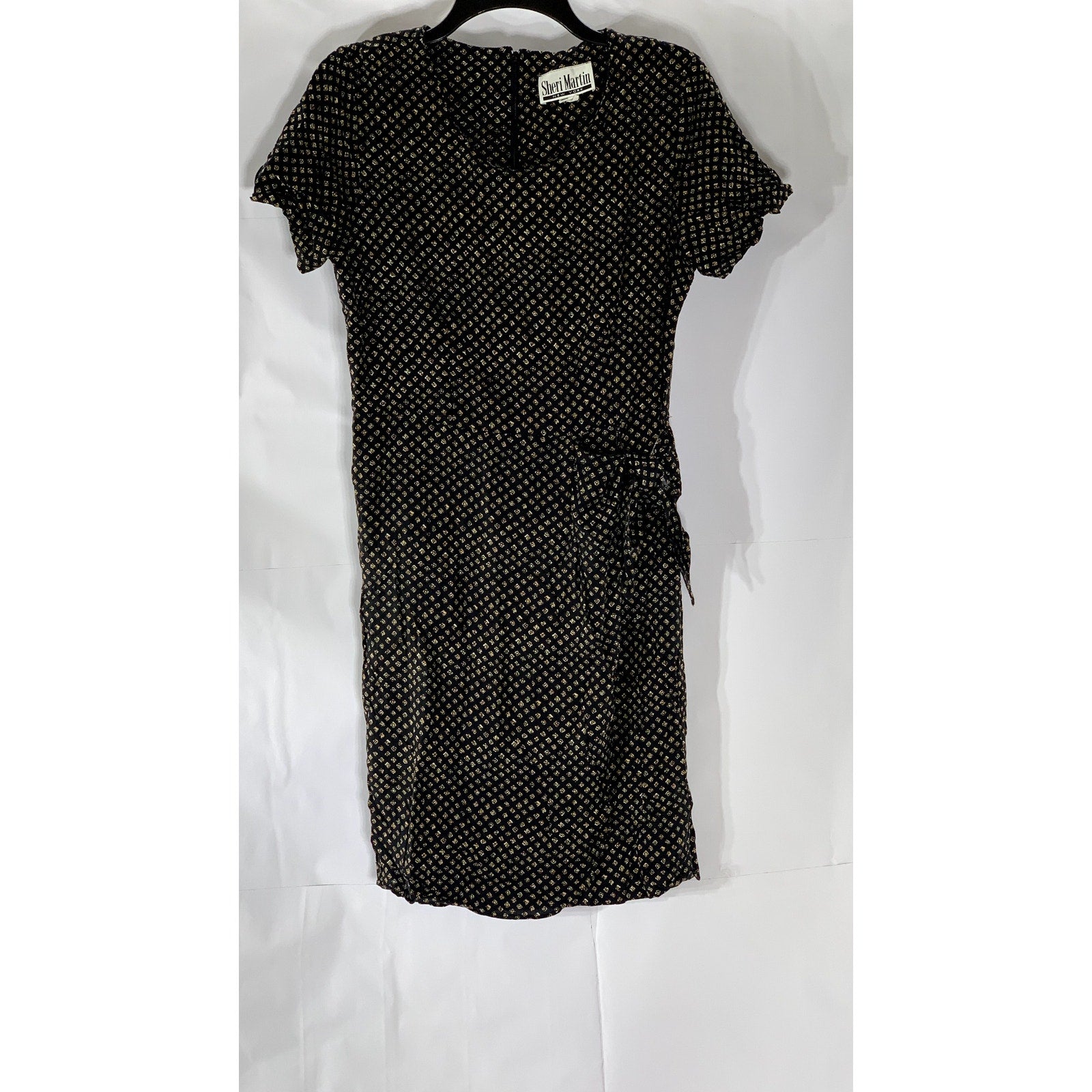 SHERI MARTIN Women's Black Printed Side-Tie Short Sleeve A-Line Dress SZ 12
