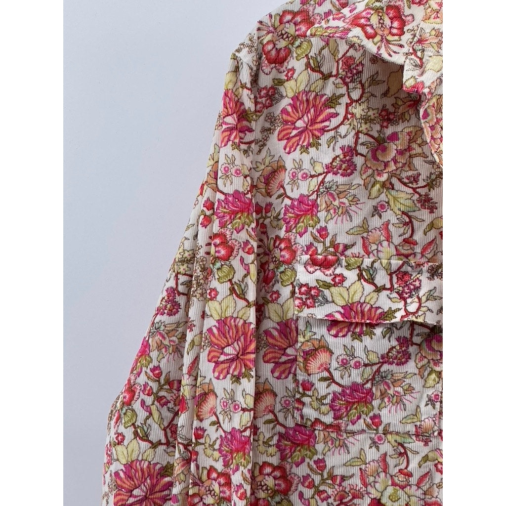 LANDS' END Women's White-Red Floral Corduroy Regular-Fit Button-Up Top SZ M