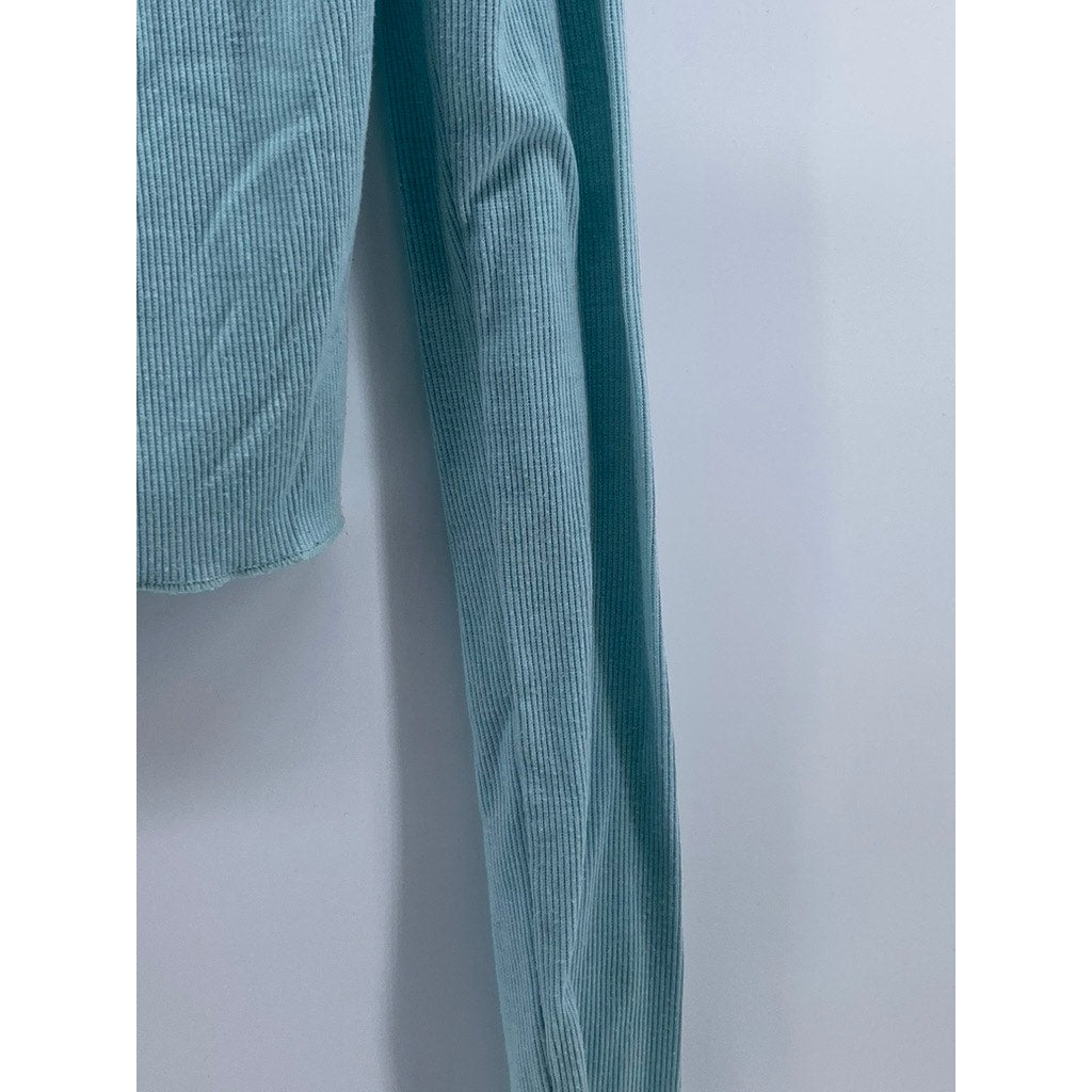 PALE JADE Women's Light Blue Ribbed V-Neck Long Sleeve Button-Up Top SZ S