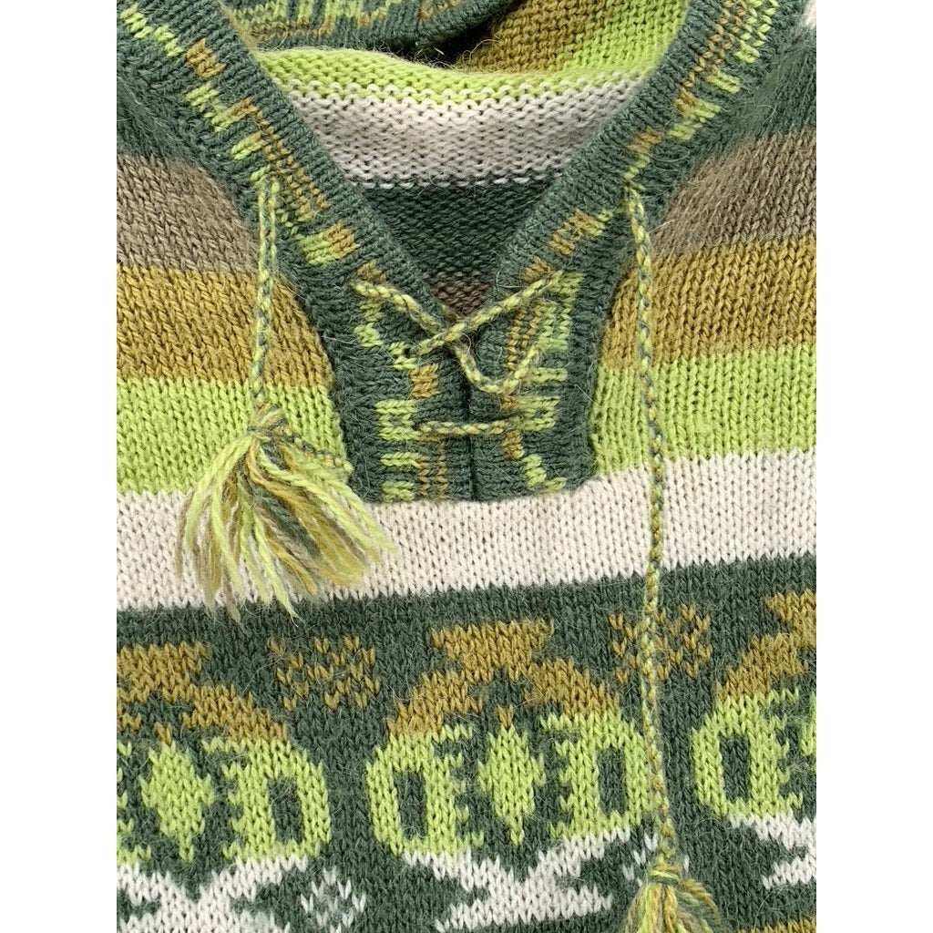 UNBRANDED Women's Green-Brown Printed Knit Hooded Fringe Hem Sweater SZ S