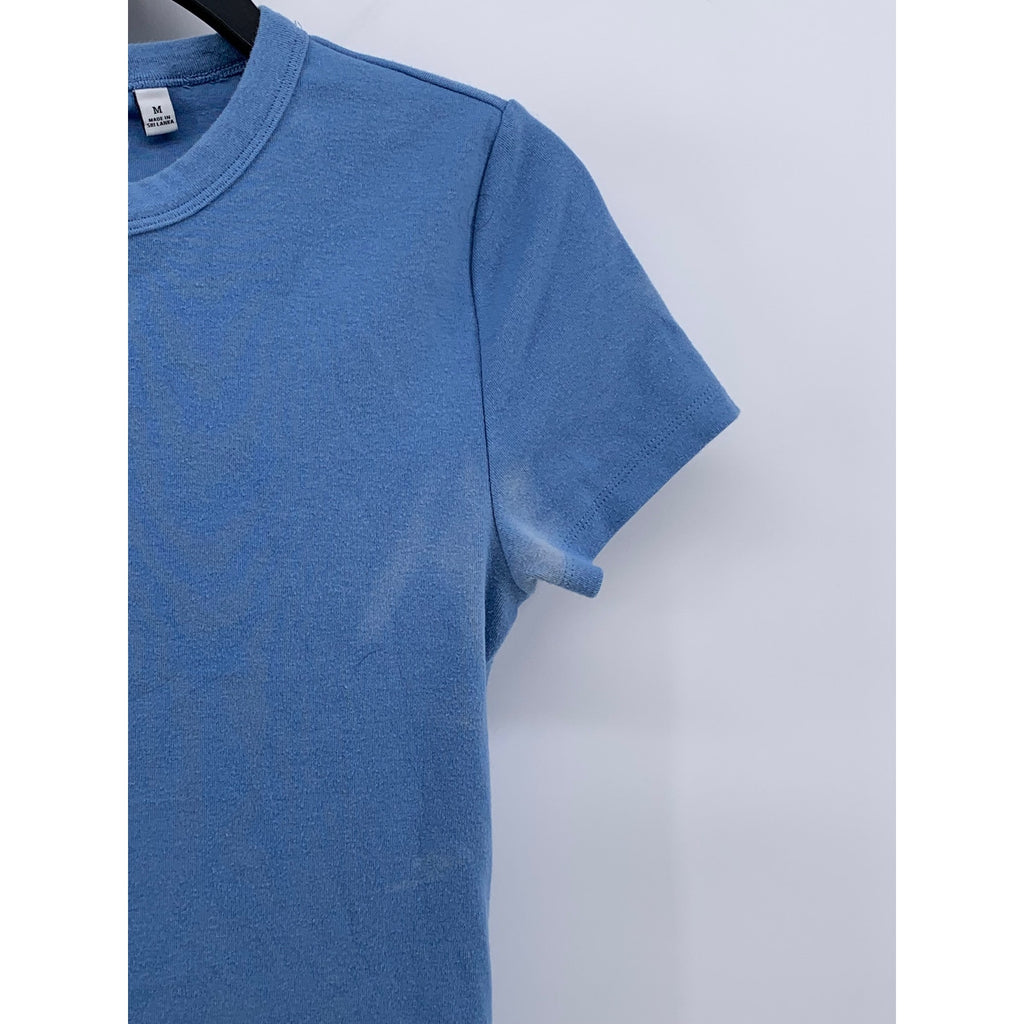SUNDAY BEST Women's Blue Solid Crewneck Short Sleeve Casual Cropped Top SZ M