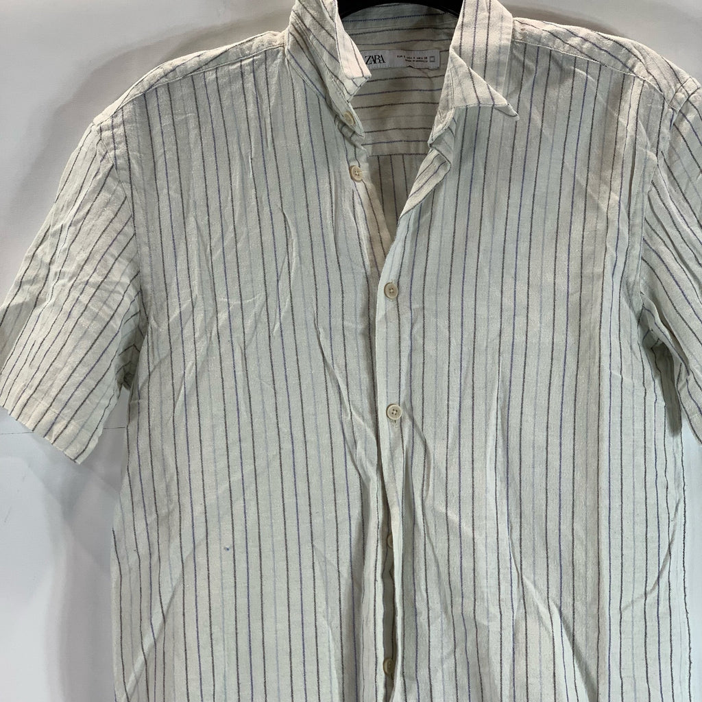 ZARA Men's White Striped Regular-Fit Button-Up Short Sleeve Shirt SZ S