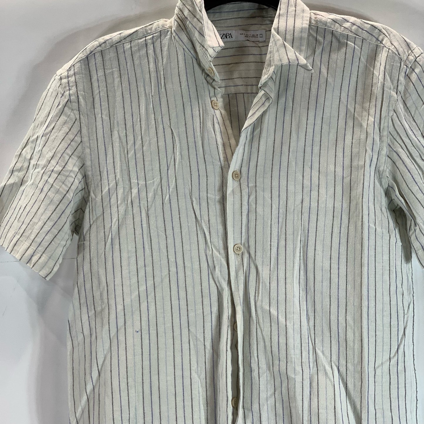 ZARA Men's White Striped Regular-Fit Button-Up Short Sleeve Shirt SZ S