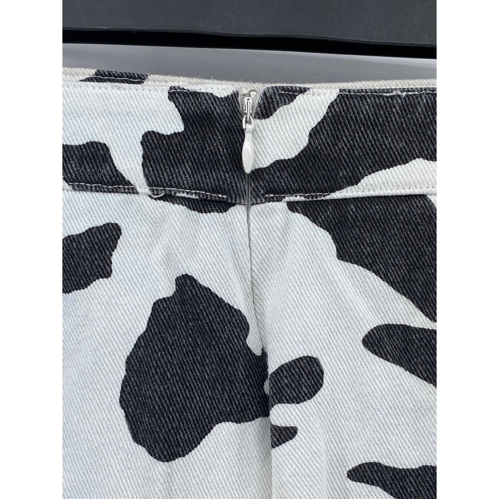 LE LIS Women's Black-White Animal-Print Denim Split-Hem Straight Mini Skirt SZ M
