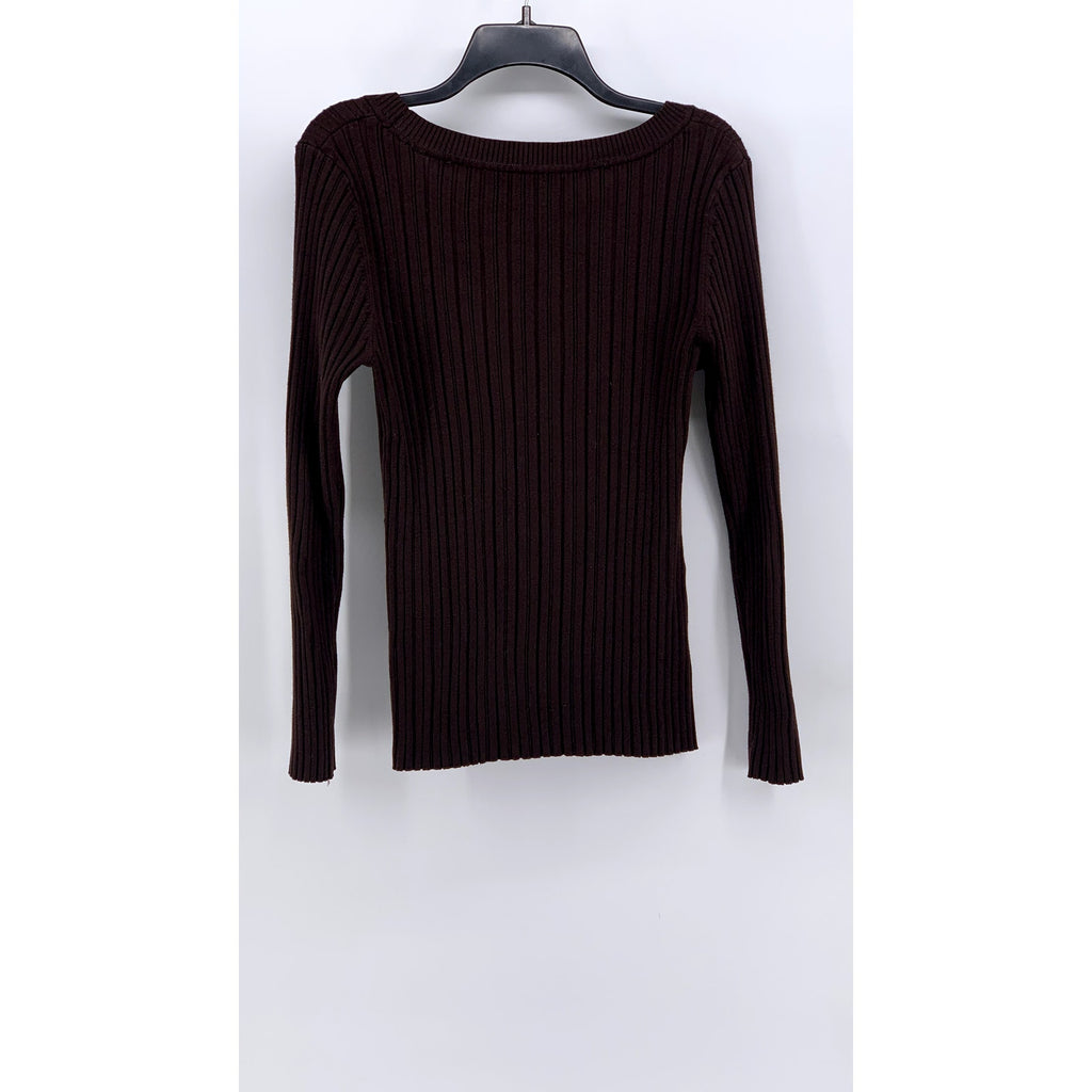 UNBRANDED Women's Brown Ribbed V-Neck Long Sleeve Top SZ S