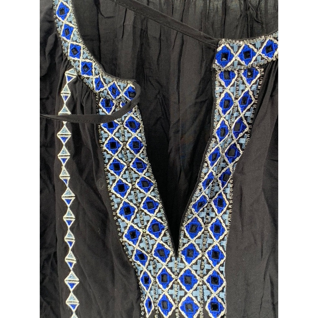 PARKER Women's Black-Blue Boho Beaded Split Tie Neck Long Sleeve Top SZ XS