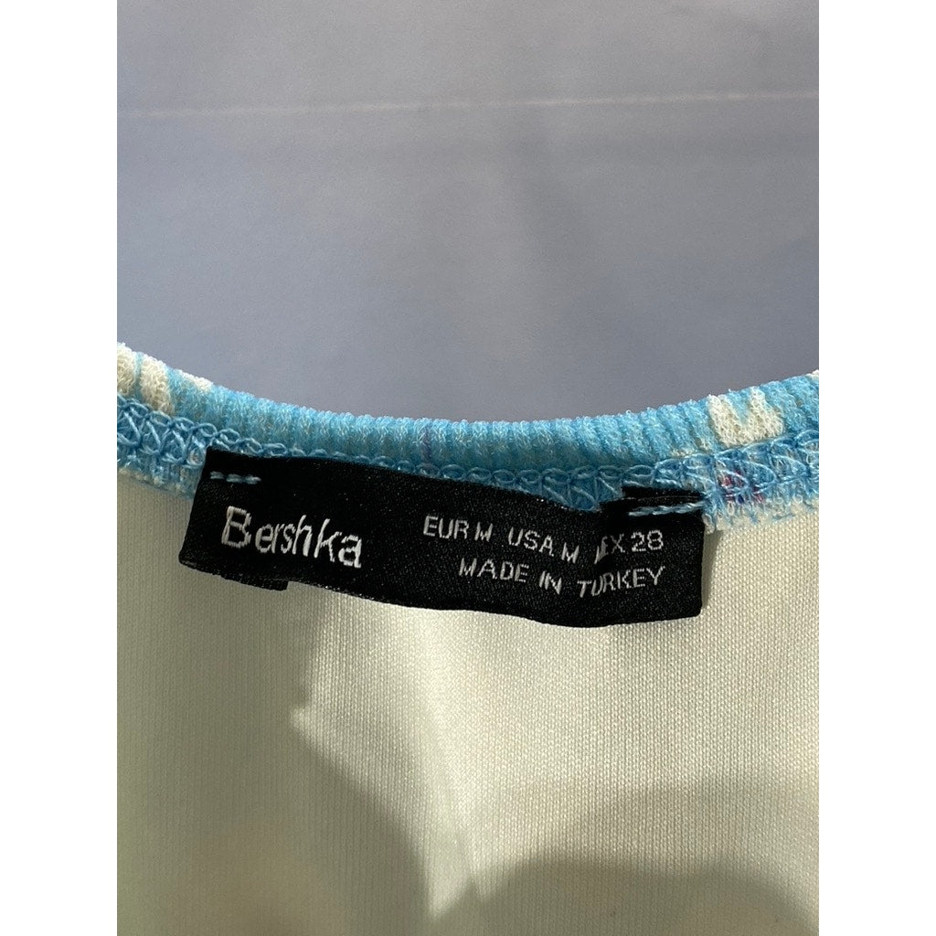 BERSHKA Women’s Light Blue Milkmaid Floral Puff Short Sleeve Mini Dress SZ M