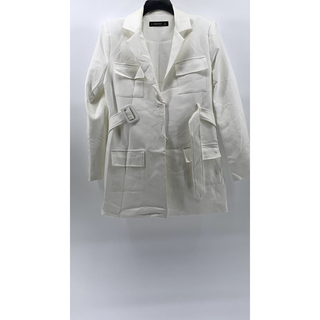 LIONESS Women's White Button-Up Long Sleeve Notch Collar Belted Mini Blazer SZ M