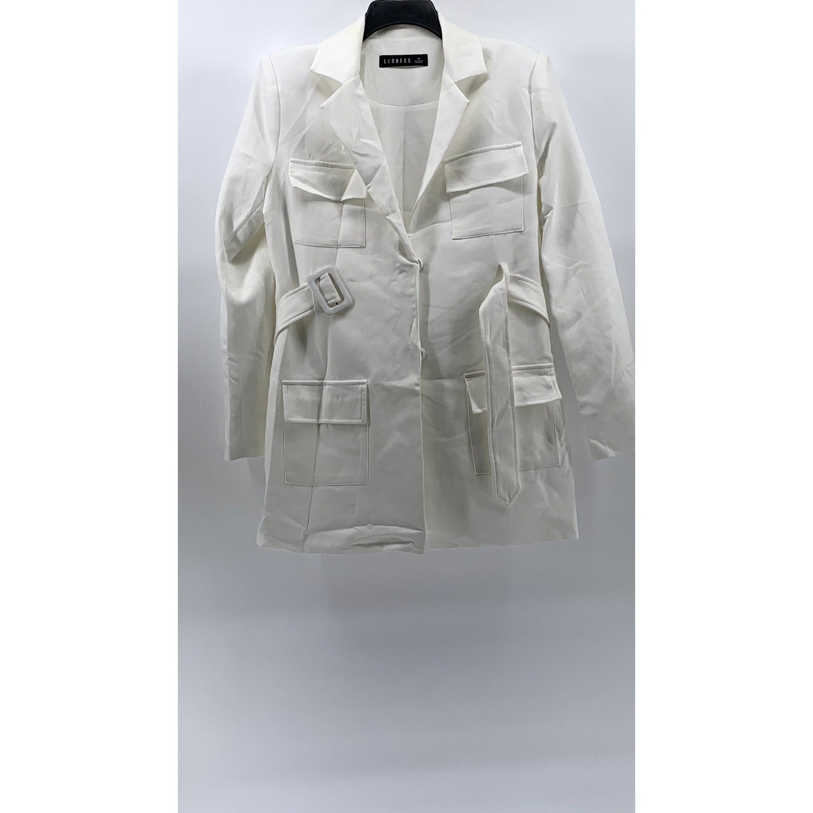 LIONESS Women's White Button-Up Long Sleeve Notch Collar Belted Mini Blazer SZ M
