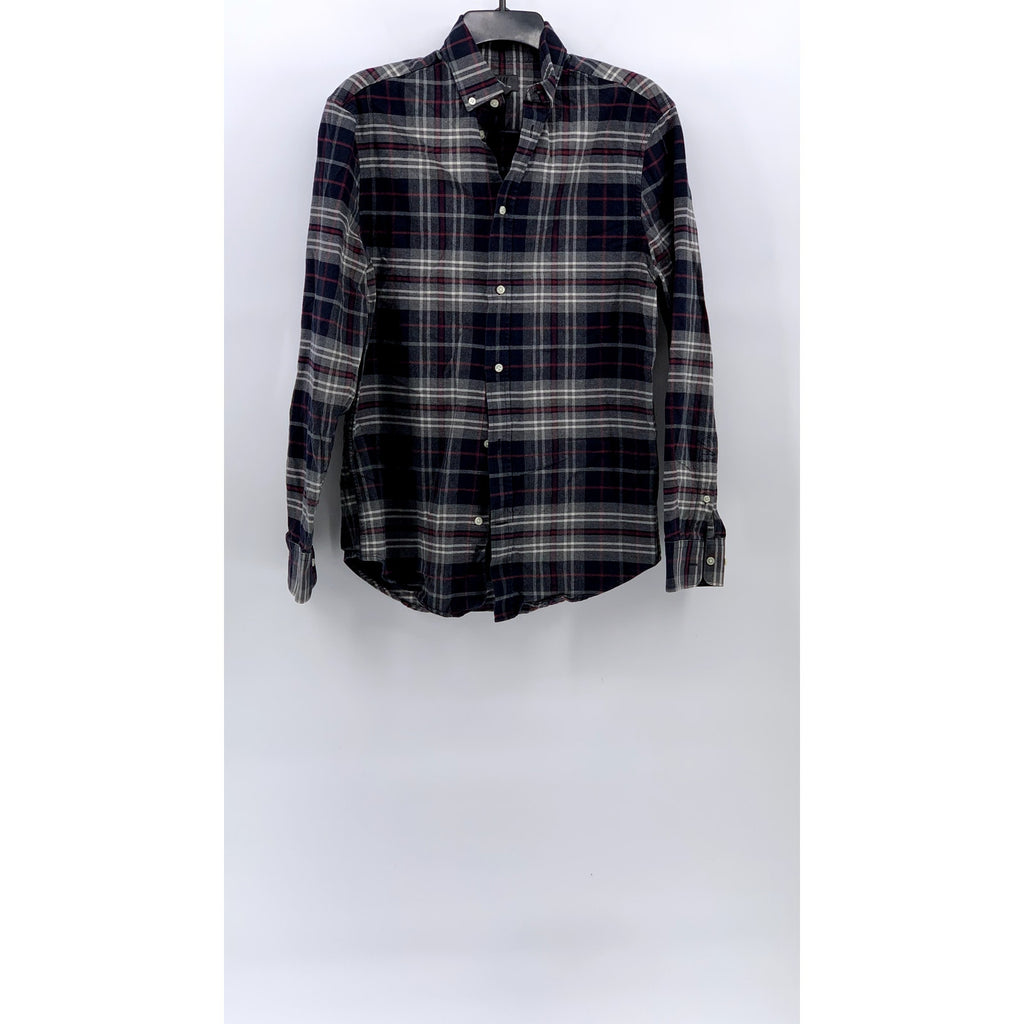H&M Men's Gray-Navy-Burgundy Regular Fit Plaid Button-Up Long Sleeve Shirt SZ S