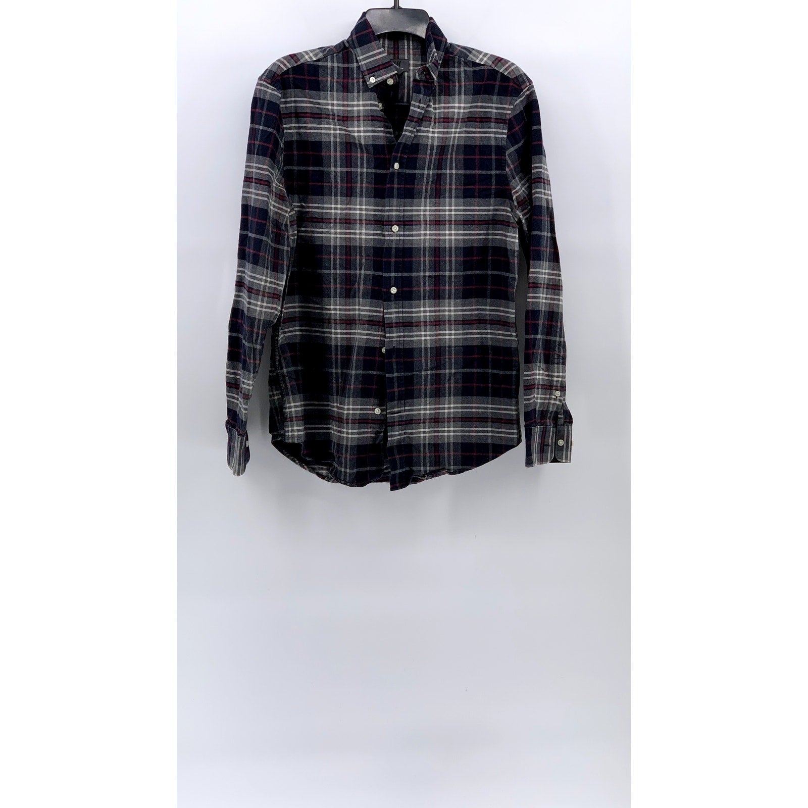 H&M Men's Gray-Navy-Burgundy Regular Fit Plaid Button-Up Long Sleeve Shirt SZ S