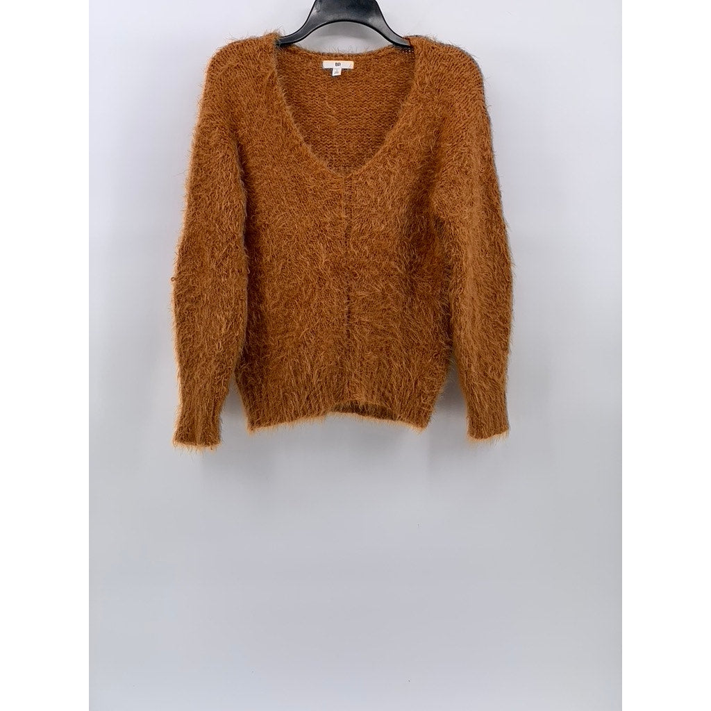 BP Women's Camel Brown V-Neck Fuzzy Long Sleeve Pullover Sweater SZ S