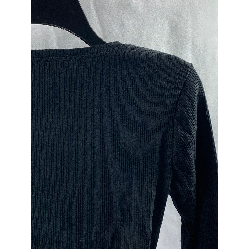 ZARA Women's Black Rib Knit Crewneck twist-Front Long Sleeve Cropped Top SZ S