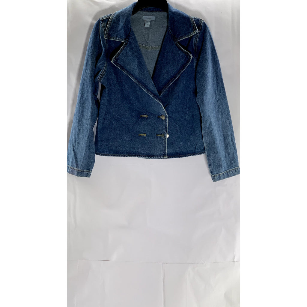 FOREVER 21 Women's Dark Blue Denim Cropped Notch Lapel Double Breasted Coat SZ S