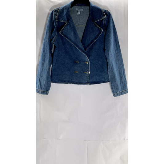 FOREVER 21 Women's Dark Blue Denim Cropped Notch Lapel Double Breasted Coat SZ S