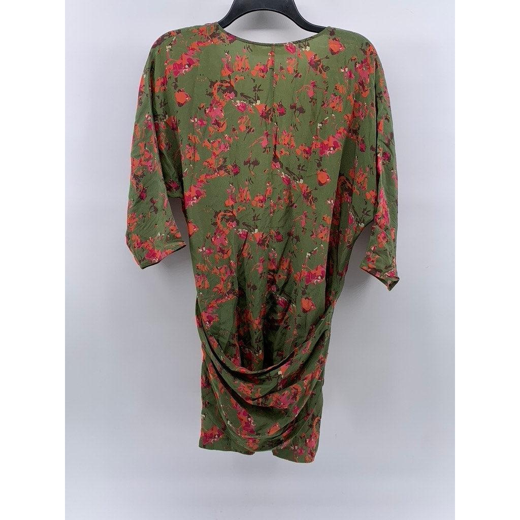 THAKOON ADITION Women's Army Green-Orange Floral 3/4 Sleeve Mini Dress SZ 2