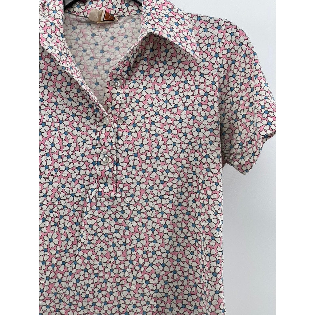 KORET OF CALIFORNIA Women's Vintage Pink Ditsy Floral Short Sleeve Polo Top SZ M