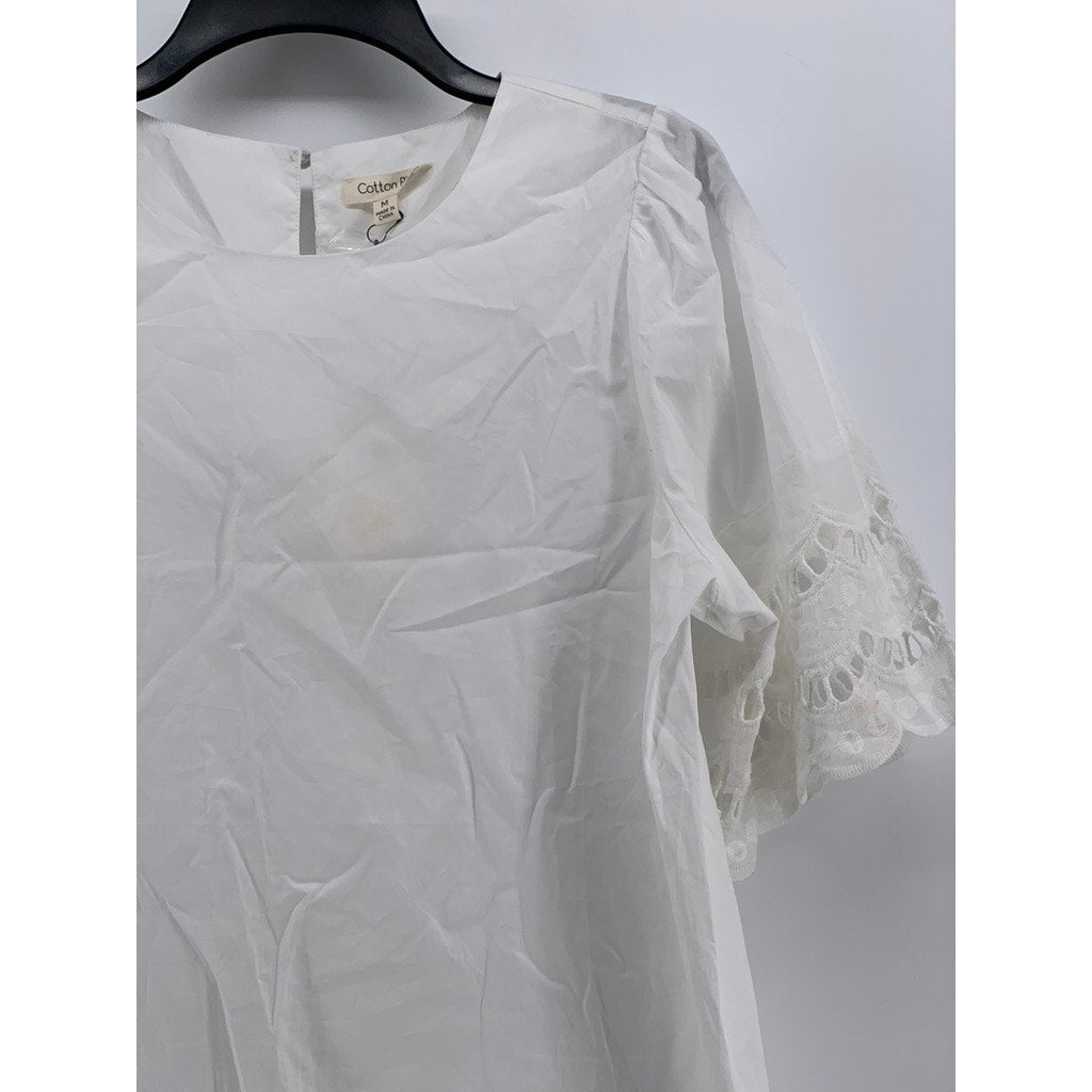 COTTON BLEU Women's White Cotton Lace Eyelet Elbow Sleeve Top SZ M