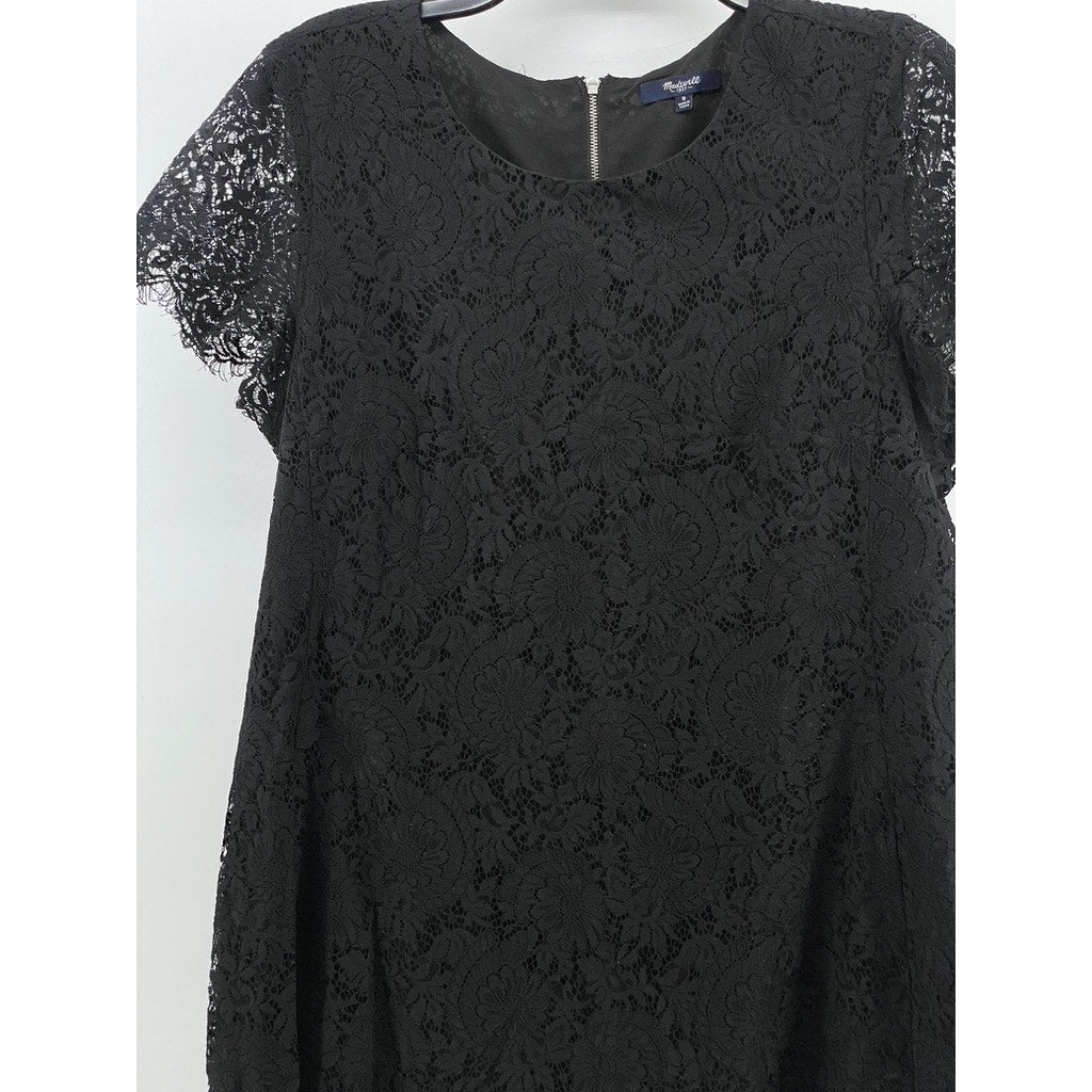 MADEWELL Women's Black Floral Lace Crewneck Short Sleeve Shift Mini Dress SZ 8