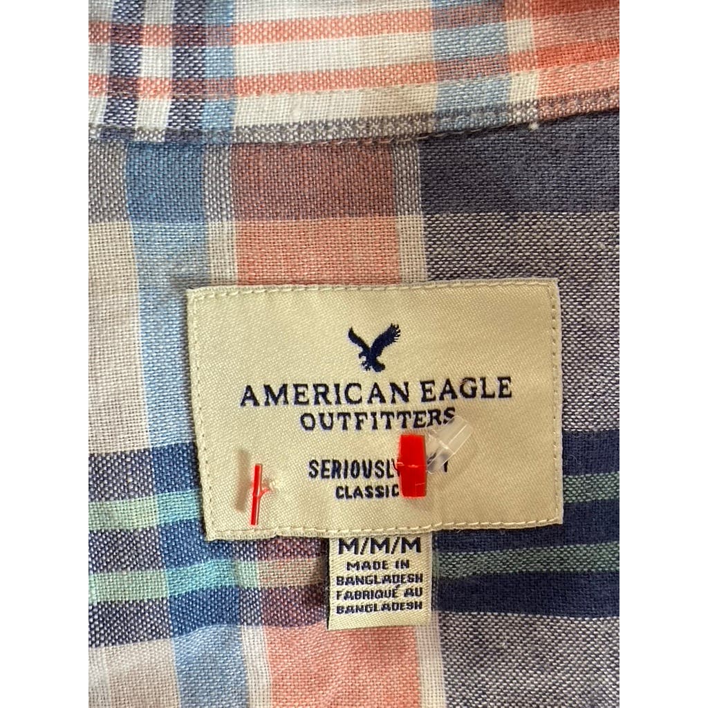 AMERICAN EAGLE Men's Blue/Orange Plaid Seriously Soft Classic Shirt SZ M