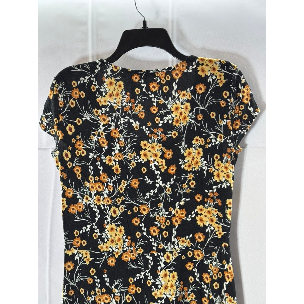 MNG BASICS Women's Black Floral V-Neck Short Sleeve Pullover Mini Dress SZ 8