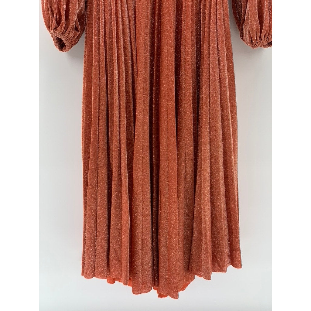 SETRE Women's Rust Orange Metallic Pleated V-Neck Long Sleeve Maxi Dress SZ S