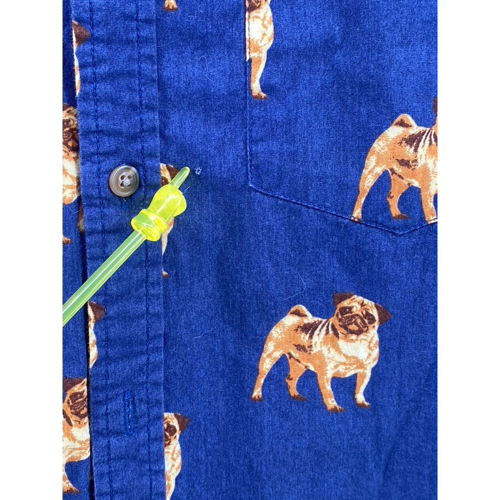 FOREVER 21 Men's Dark Blue-Brown Pug Graphic Button-Up Short Sleeve Shirt SZ L