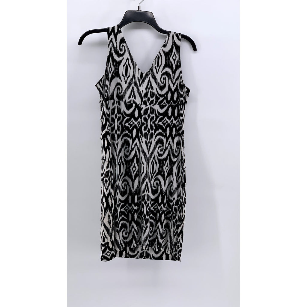 ENFOCUS STUDIO Women's Black-White Printed Sleeveless V-Neck Sheath Dress SZ 8