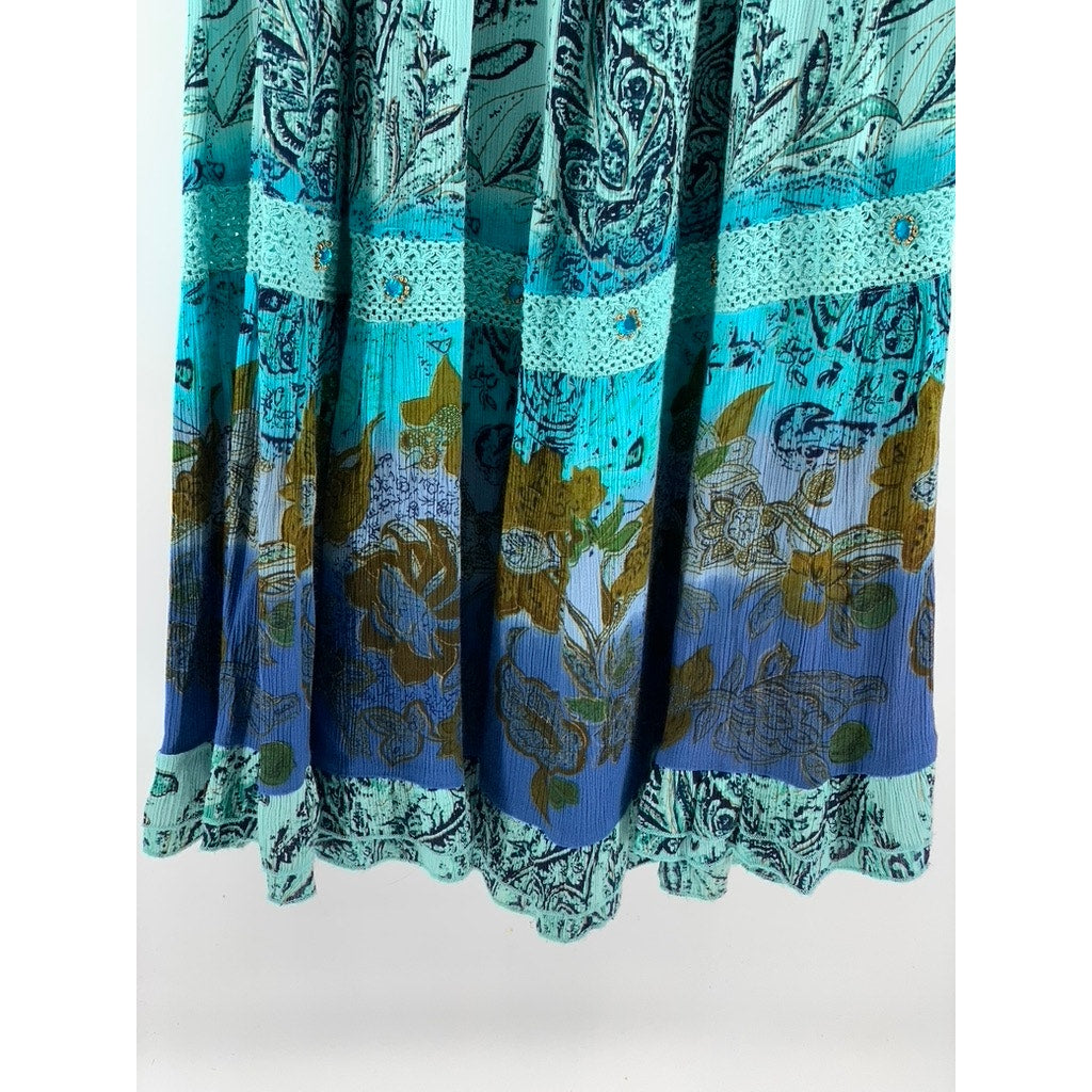 FORBIDDEN LOS ANGELES Women's Blue Ombre Printed Lace Maxi Skirt SZ XL