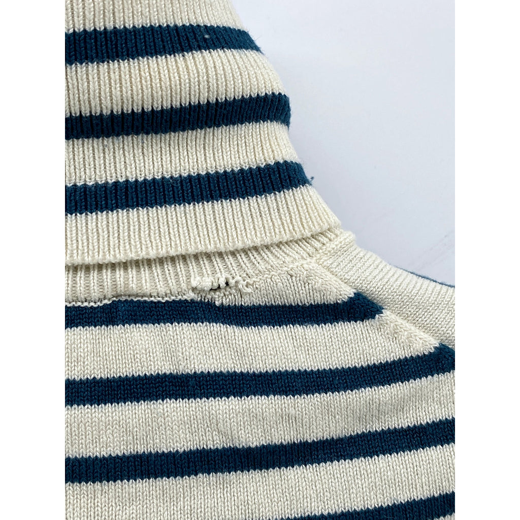 ZARA Women's Cream-Teal Blue Striped Knit Long Sleeve Turtleneck Top SZ S