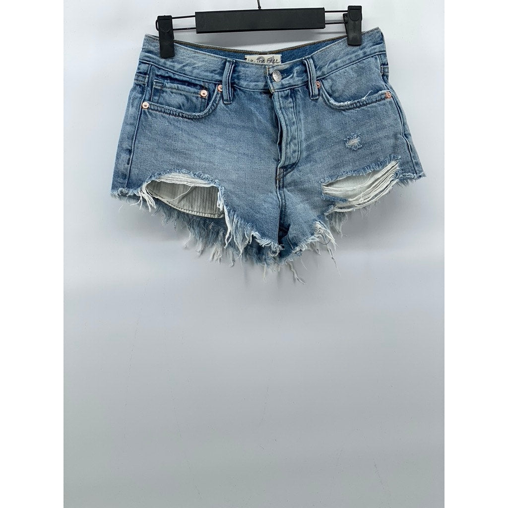 WE THE FREE Women’s Blue Denim Distressed Raw-Hem Short Shorts SZ 24