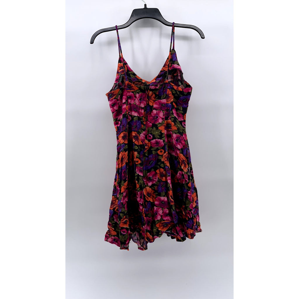 UNBRANDED Women's Orange-Purple Floral Button-Detail V-Neck Mini Dress SZ S