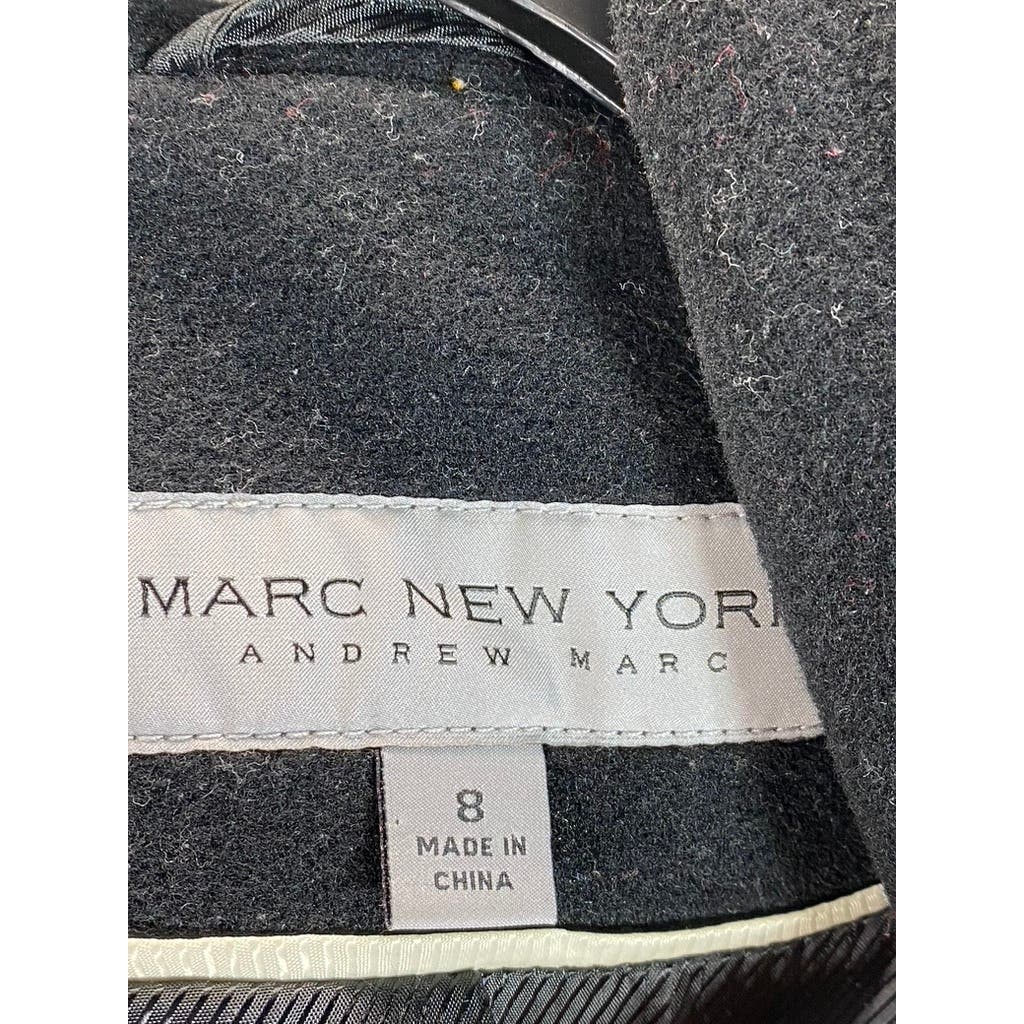 MARC NEW YORK ANDREW MARC Women's Black Wool-Blend Double Breast Hooded Coat SZ8