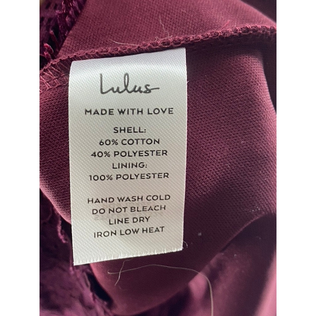 LULUS Women’s Burgundy Crewneck Take Me To Lunch Lace Short Sleeve Dress SZ S