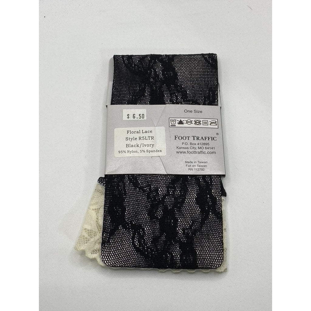 FOOT TRAFFIC Women's Ivory-Black Lace Colorblock Knee High Trouser Socks SZ OS