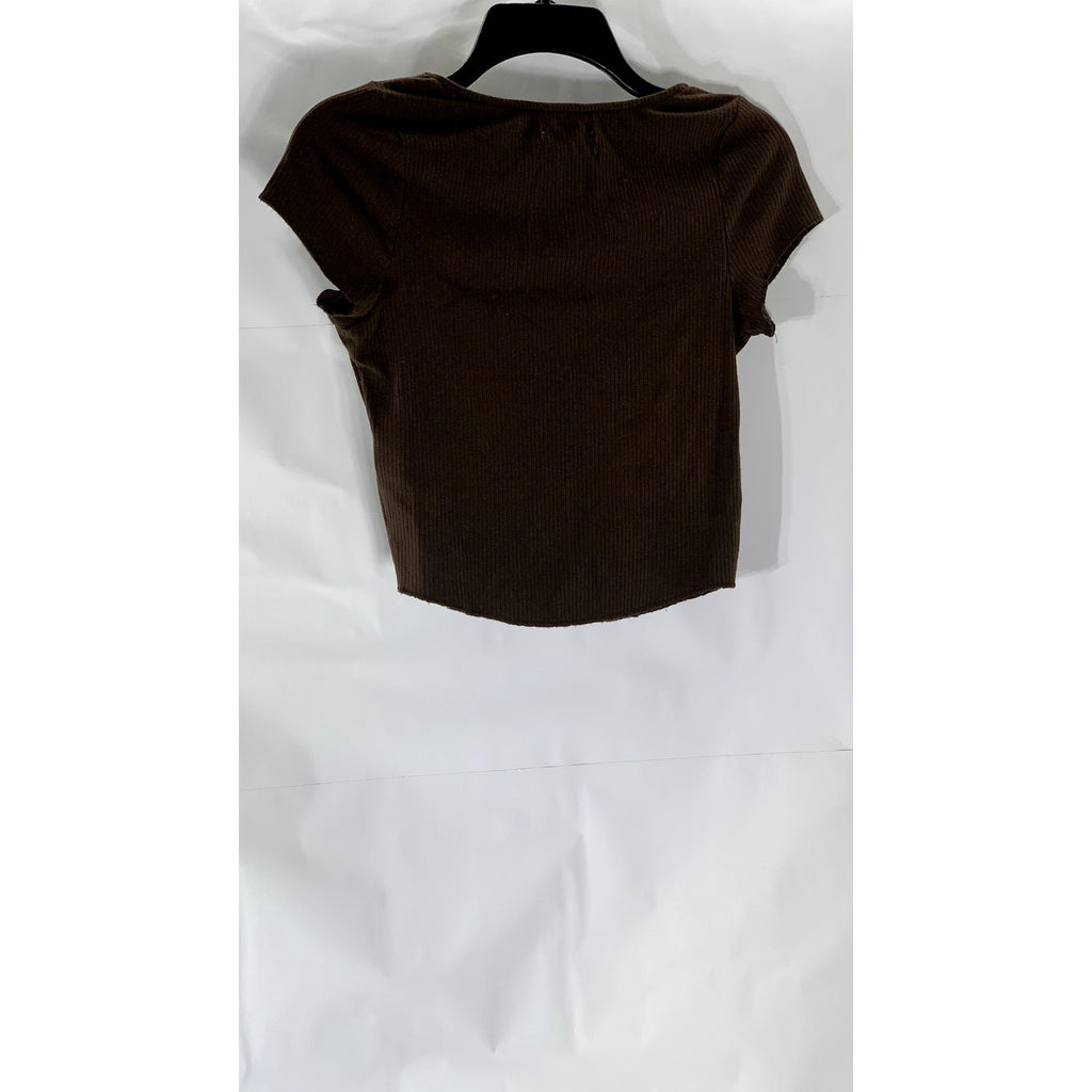 URBAN OUTFITTERS Women’s Brown Ribbed Straight-Neck Short Sleeve Cropped Top SZM